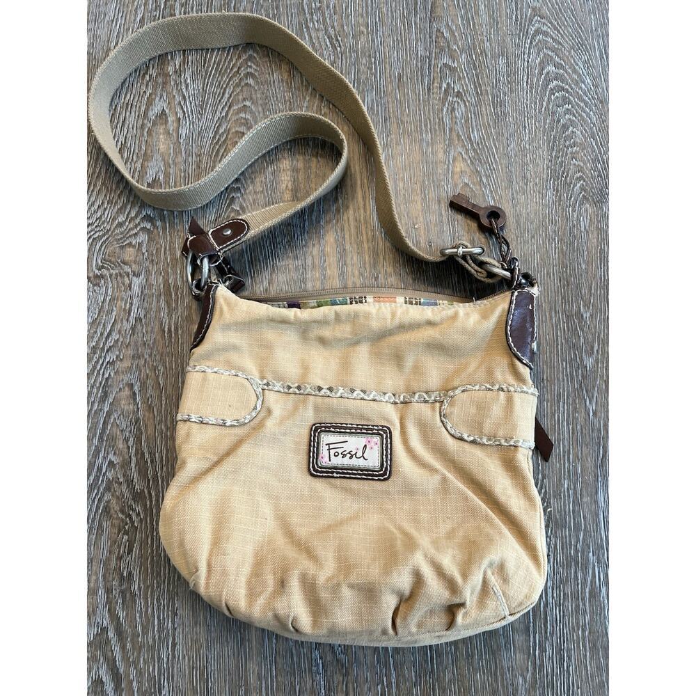 Fossil Vintage Fabric Handbag Canvas Pockets Crossbody‎ Shoulder Bag Tan